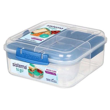Sistema Bento Pojemnik na jedzenie - Podzielony na komory z kubkami - 1,25L - Przezroczysty/Ocean Blue