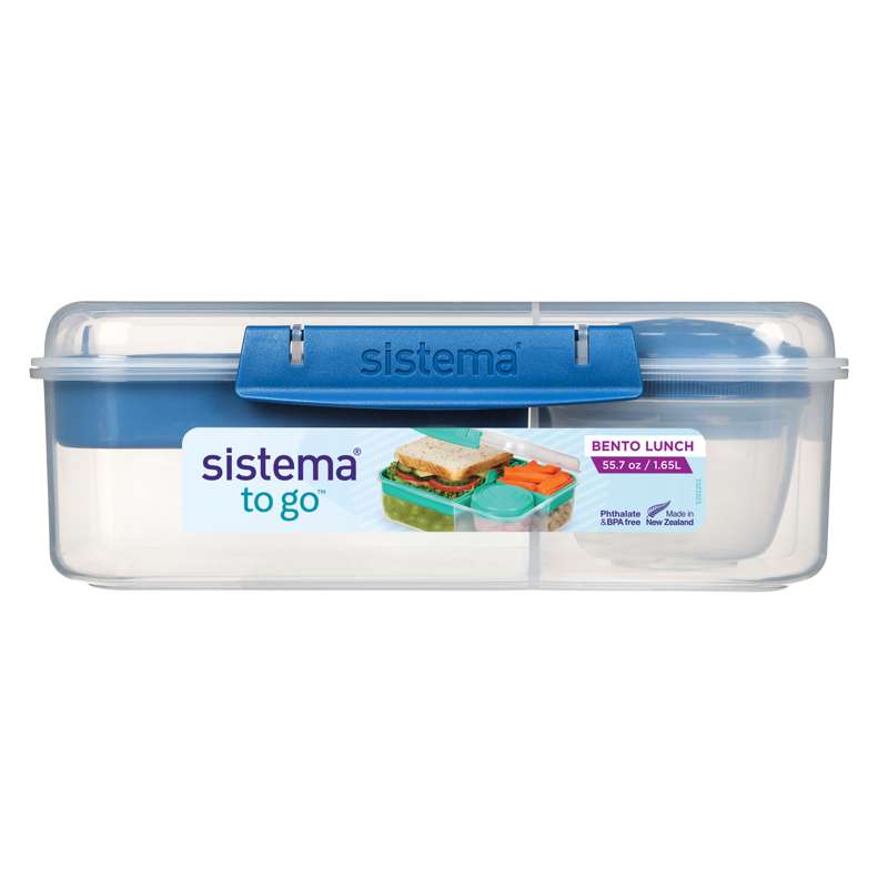 Sistema Bento Krabička na jídlo - Rozdělená s poháry - 1,65L - Čirá/Oceánská modrá