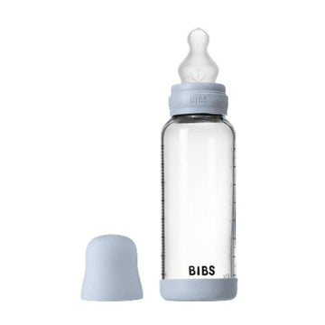 BIBS Flasche - Sauger-Set - Glas - Silikon/Mittel Fluss/Rund - 240 ml. - Baby Blau