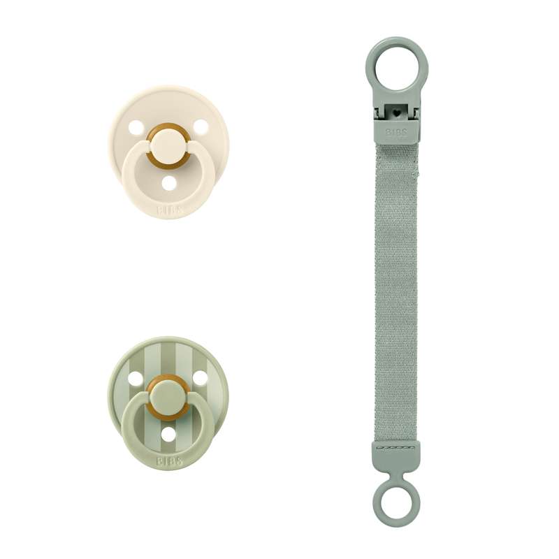 BIBS Color Redondo chupete - 2-Pack - t. 1 - caucho natural - con cordón para chupete - Salvia