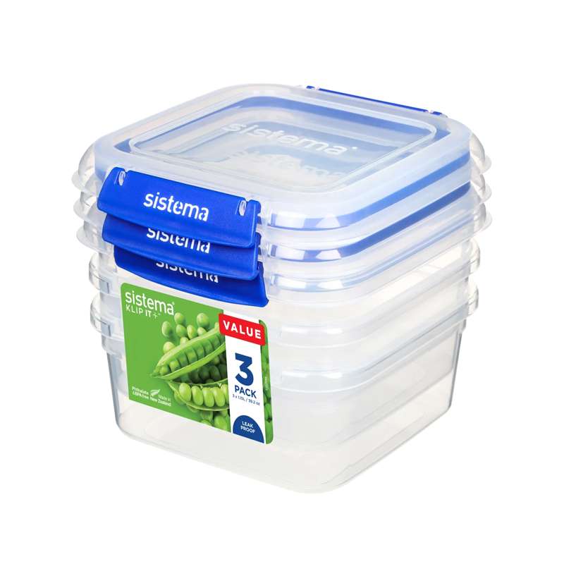 Sistema Food Storage - Clip It Plus - Square - 3-Pack - 1.15L - Blue