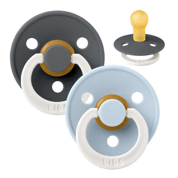 Bibs Ronde Colour Fopspeen - 2-Pack - mt. 2 - natuurrubber - GLOW - Ijzer/Baby Blauw