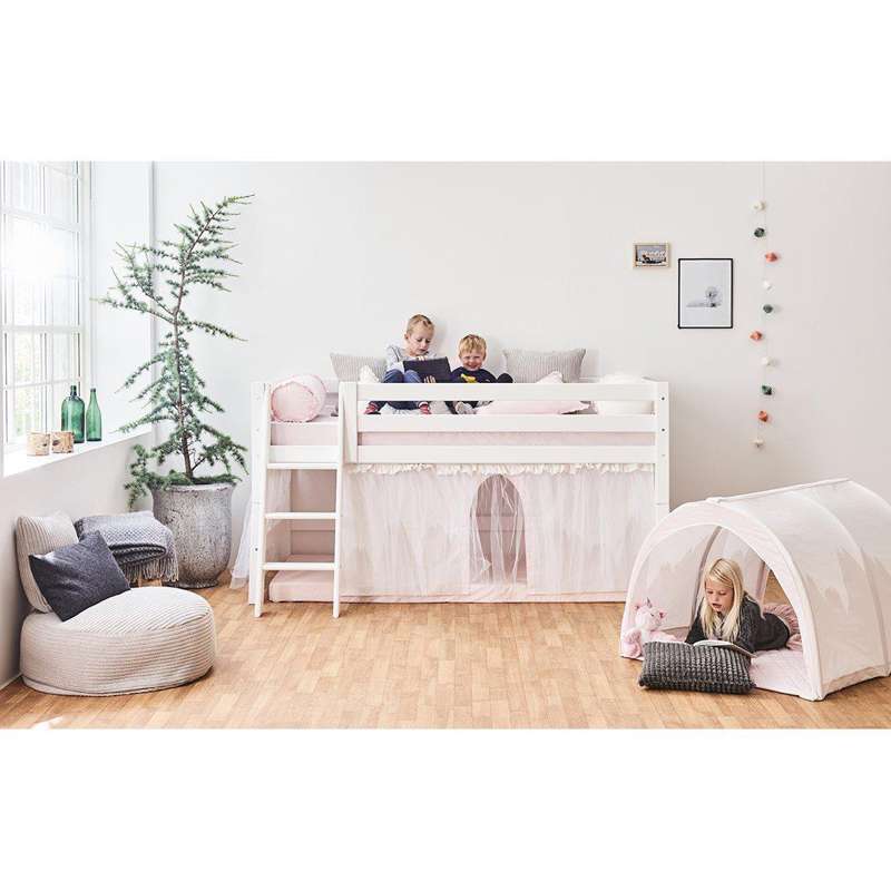 Hoppekids ECO Luxury - Łóżko półwysokie - 90x200 cm. - Skośna drabina - Elastyczna podstawa - Biała