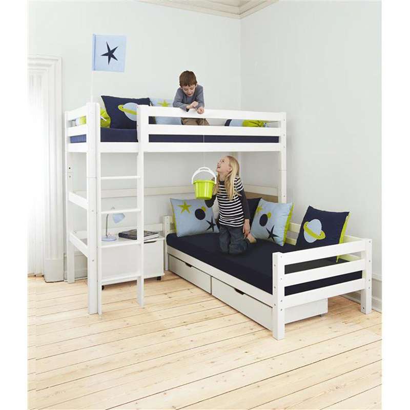 Hoppekids ECO Luxury - Krevet na kat - 90x200 cm. - Kutna kombinacija - Ravna ljestva - Fleksibilna podloga za madrac - Bijela