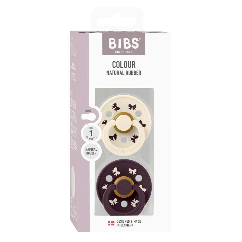 BIBS Rundna boja dudica - 2-pak - vel. 1 - prirodni kaučuk - Blagdanska mašna - Slonovača/Šljivasta 