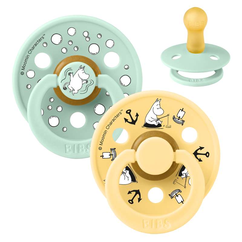 BIBS Rund Farge smokk - 2-Pak - str. 2 - naturgummi - Moomin - Seiling - Nordisk Mint Bland 