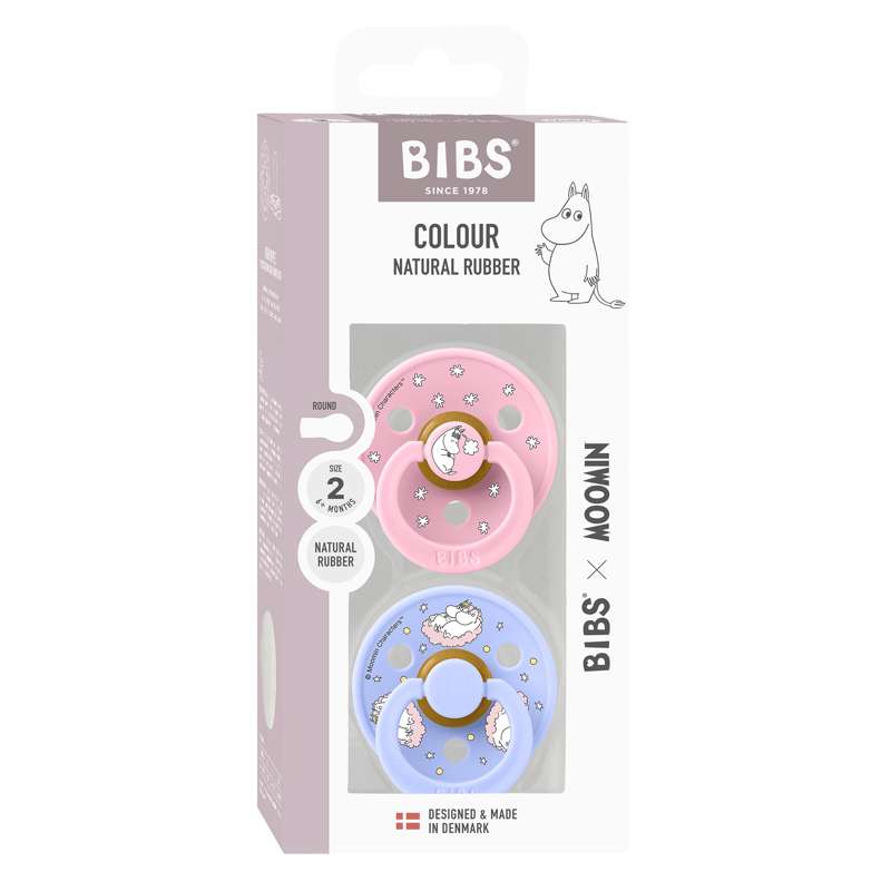BIBS Rund Colour ciuccio - 2-Pak - tg. 2 - gomma naturale - Moomin - Sognante - Rosa Baby Mix 