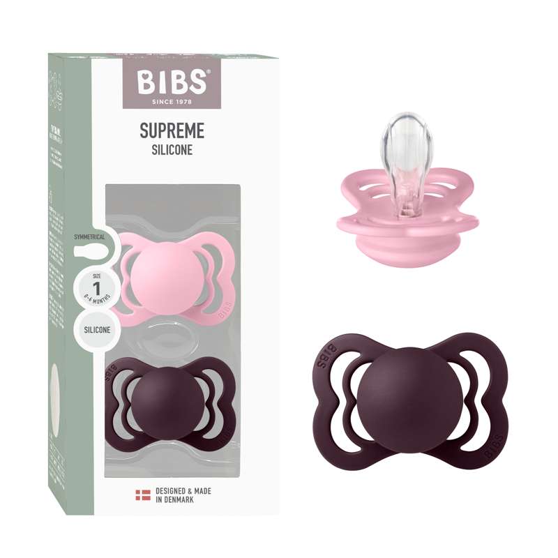 BIBS Symmetric Supreme ciuccio - Confezione da 2 - tg. 1 - Silicone - Rosa Baby/Prugna 
