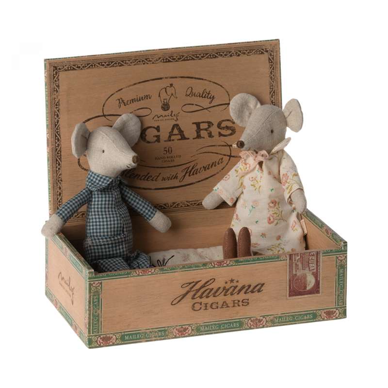 Maileg Grandmother and Grandfather Mouse in Cigar Box 