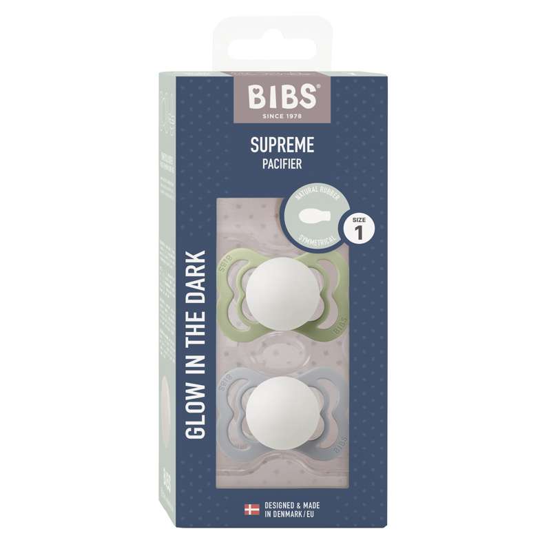 Bibs Supreme Биберон - 2-Pack - р-р 1 - естествен каучук - GLOW - Салвия/Облак 