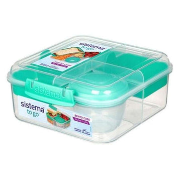 Sistema Bento obedová miska - rozdelená na priehradky s pohármi - 1,25L - Priehľadná/Mäty teal 