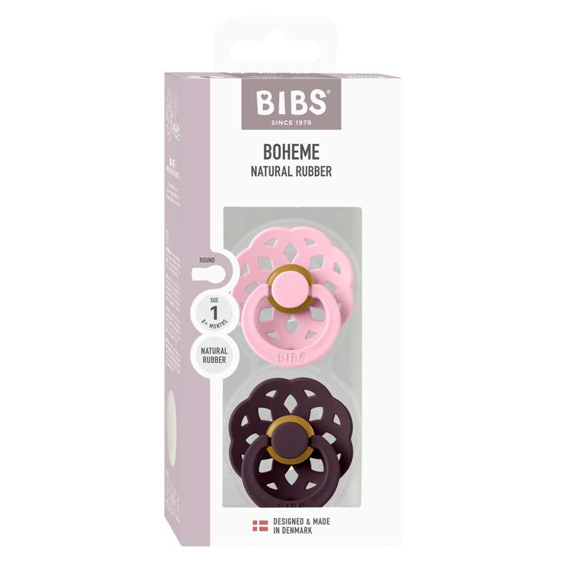 BIBS Okrągłe Boheme smoczek - 2-pak - roz. 1 - kauczuk naturalny - baby różowy/plum 