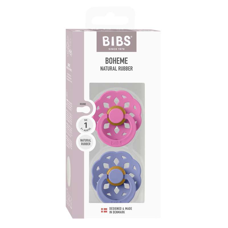 BIBS Okrągła Bohema smoczek - 2-pak - roz. 1 - kauczuk naturalny - Bubblegum/Peri 
