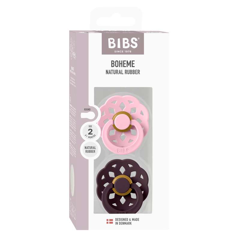BIBS Okrągły bohemski smoczek - 2-pak - roz. 2 - kauczuk naturalny - Baby Pink/Plum 