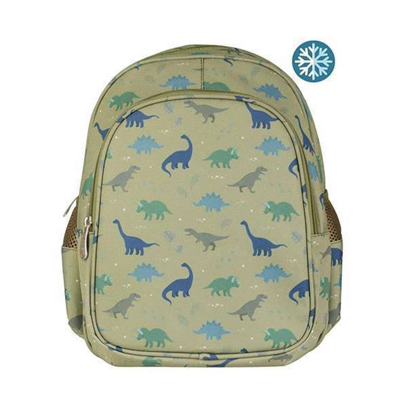 A Little Lovely Company Mochila con bolsillo refrigerante - Dinosaurio - Oliva 