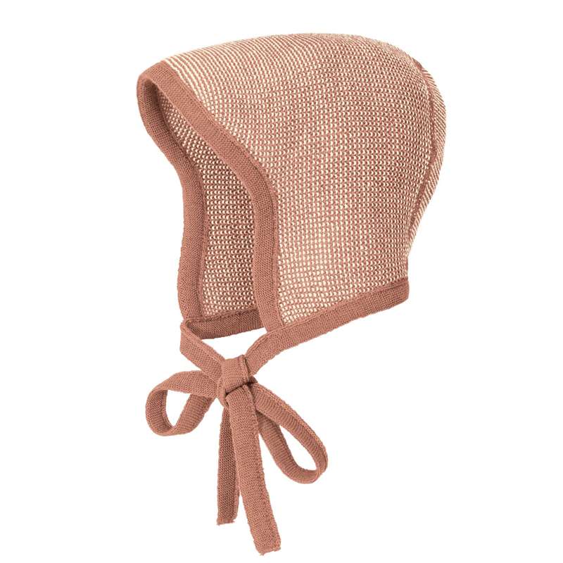 Disana Cappello lavorato a maglia con lacci - Lana merino - Rosa/Naturale 