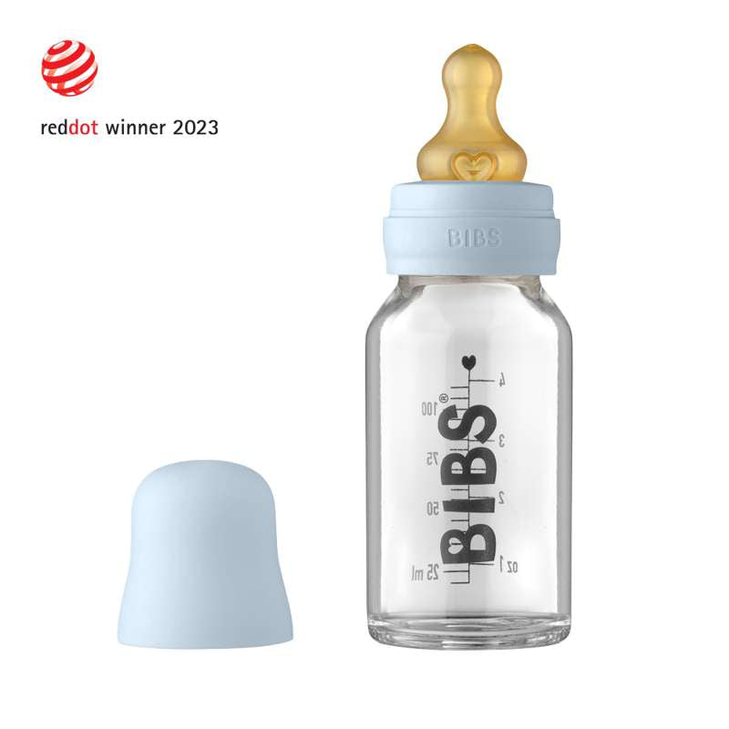 BIBS Flaske - Sutteflaskesett - Glass - Latex/Rund - 110 ml. - Babyblå 