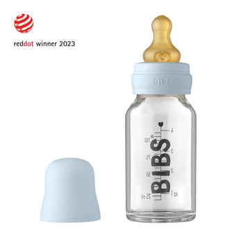 BIBS Flaske - Sutteflaskesett - Glass - Latex/Rund - 110 ml. - Babyblå 