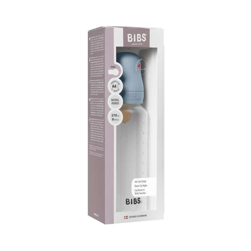 BIBS Láhev - Sada na pití - Plast - Latex/Střední průtok/Kulatá - 270 ml. - Baby Blue 