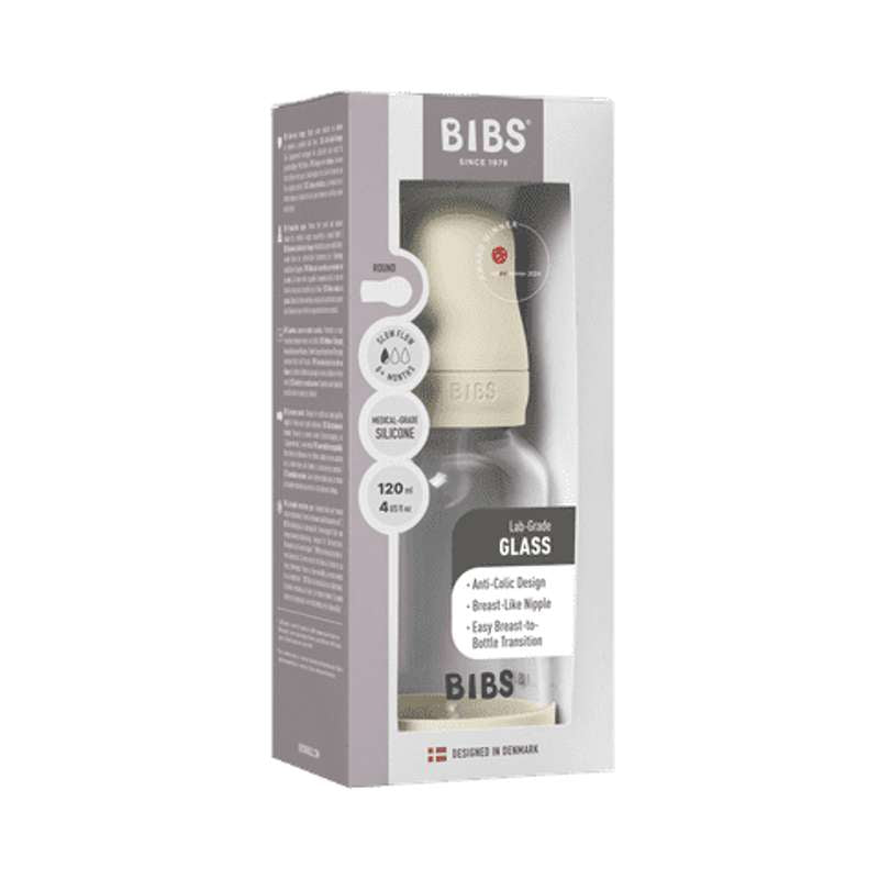 BIBS Bottle - Sutteflaskesæt - Glas - Silikone/Slow Flow/Rund - 120 ml. - Ivory