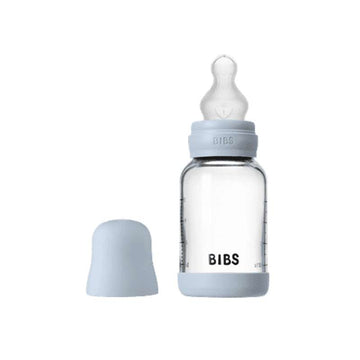 BIBS Láhev - Sada na krmení - Sklo - Silikon/Pomalý tok/Kulatý - 120 ml. - Baby Blue 