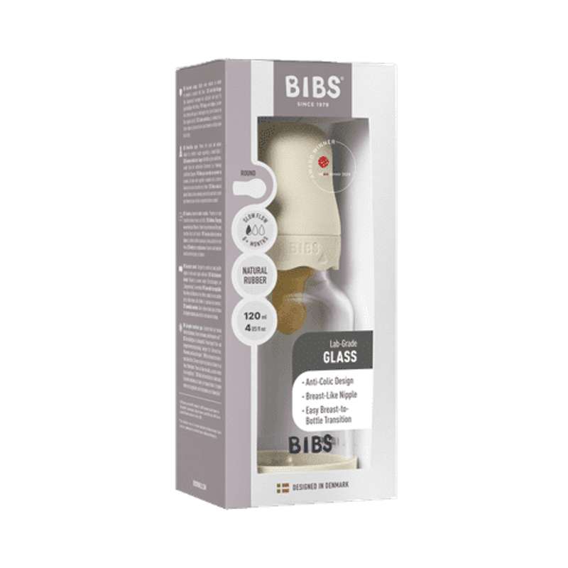 BIBS Bottle - Sutteflaskesæt - Glas - Boheme - Latex/Slow Flow/Rund - 120 ml. - Ivory