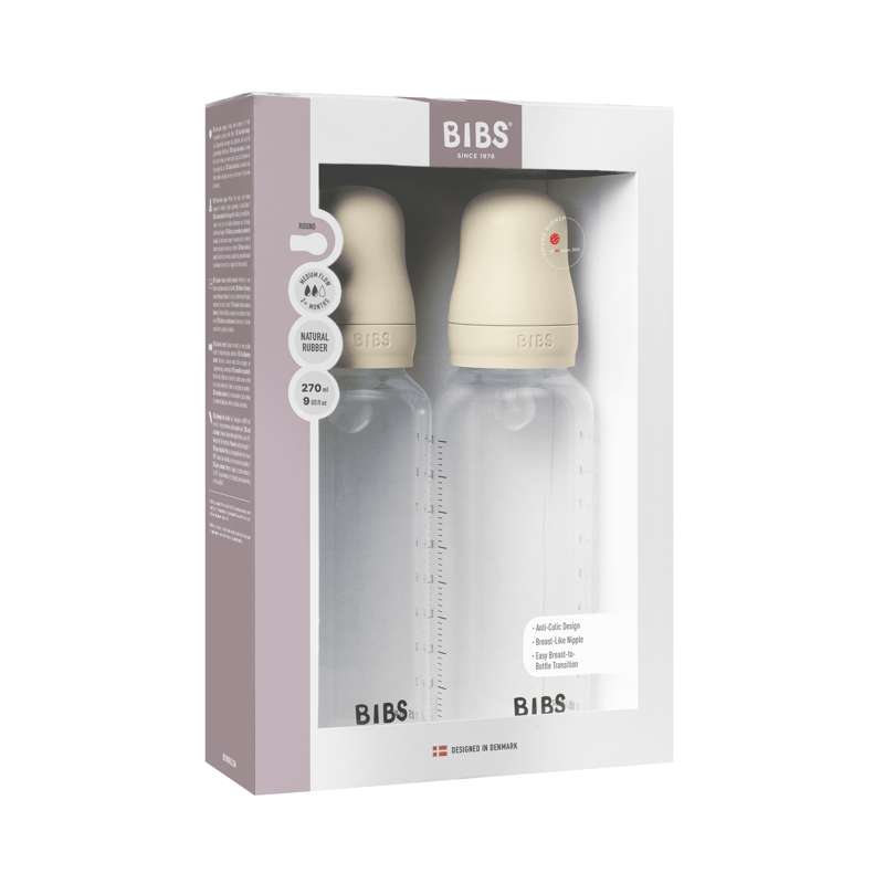 BIBS Flasche - Sauger-Set - Plastik - Silikon/Mittlerer Fluss/Rund - 270 ml. - 2er-Pack - Elfenbein 
