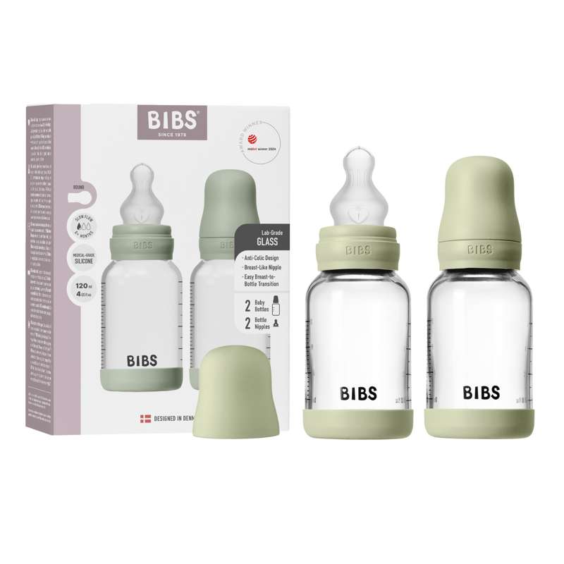 BIBS Pullo - Tuttipullosetti - Lasi - 2 kpl - Silikoni/Slow Flow/Pyöreä - 120 ml - Sage 