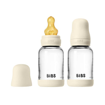 BIBS Бутилка - комплект шишета - стъкло - 2 броя - естествен каучук/бавен поток/кръгла - 120 ml - слонова кост 
