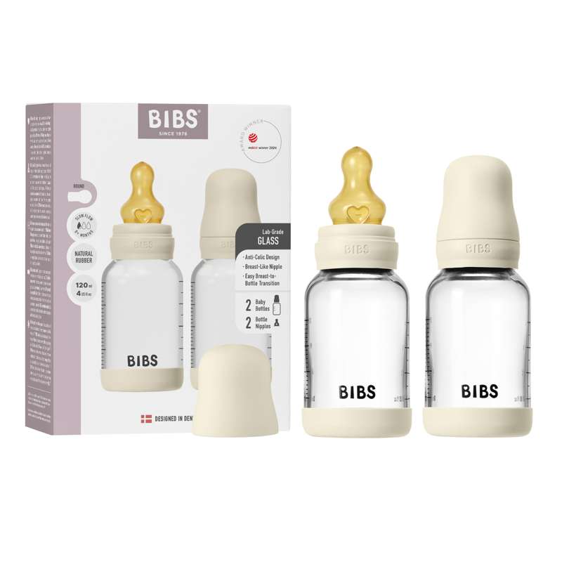 BIBS Pullo - Tuttipullosetti - Lasi - 2-pack - luonnonkumi/Hidas virtaus/Pyöreä - 120ml - Ivory 