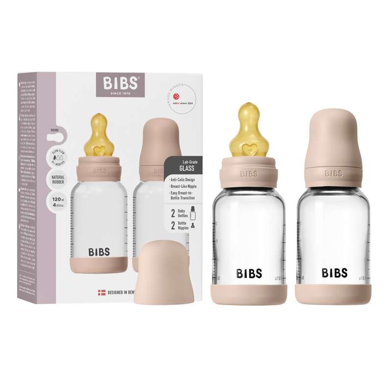 BIBS Бутилка - Комплект шишета за хранене - Стъкло - 2 броя - естествен каучук/Бавен поток/Кръгла - 120 мл - Blush 