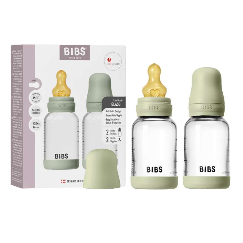 BIBS Бутилка - Комплект шишета за хранене - Стъкло - 2 броя - естествен каучук/Бавен поток/Кръгла - 120 мл - Sage 