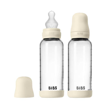 BIBS Fľaša - sada dojčenských fliaš - sklo - 2-balenie - silikón/Slow Flow/kruhová - 240 ml - Ivory 