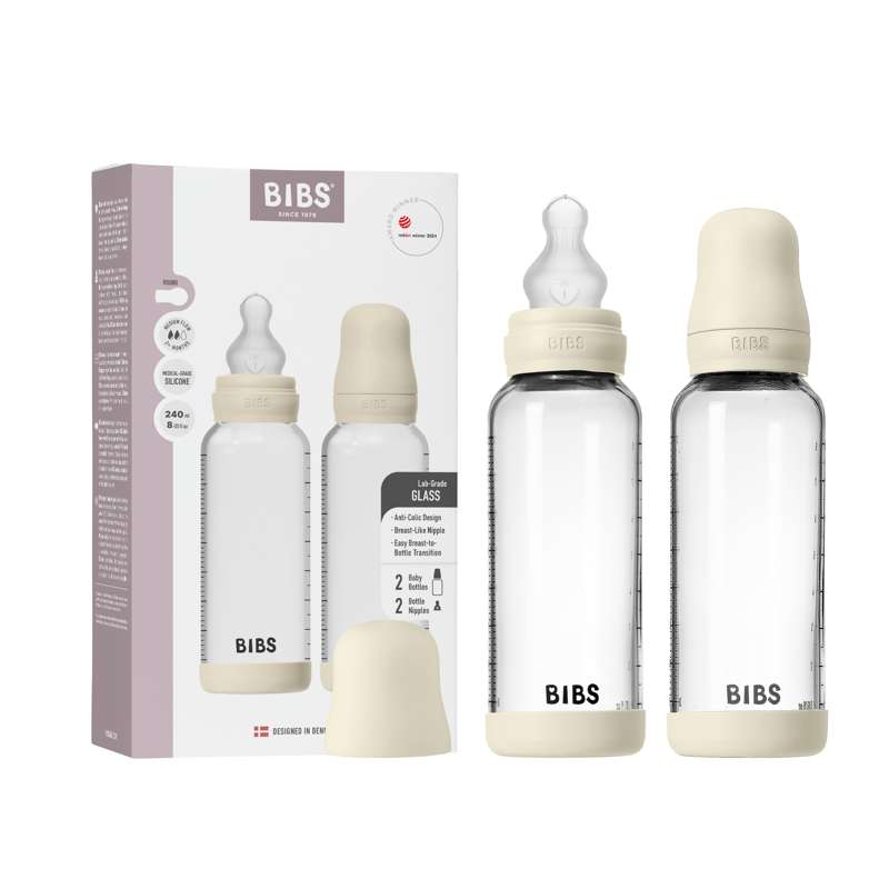 BIBS Bottle - Set biberon - Vetro - 2 pezzi - Silicone/Flusso lento/Rotondo - 240ml - Avorio 