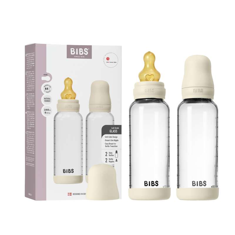BIBS Pullo - Tuttipullosetti - Lasi - 2-pakkaus - luonnonkumi/Hidas virtaus/Pyöreä - 240 ml - Ivory 