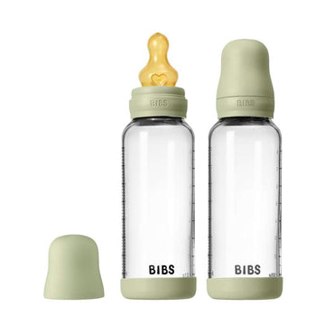 BIBS Бутилка - комплект шишета за хранене - стъкло - 2 броя - естествен каучук/Slow Flow/кръгла - 240 мл - Sage 