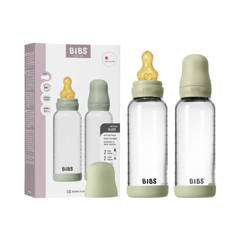BIBS Бутилка - комплект шишета за хранене - стъкло - 2 броя - естествен каучук/Slow Flow/кръгла - 240 мл - Sage 