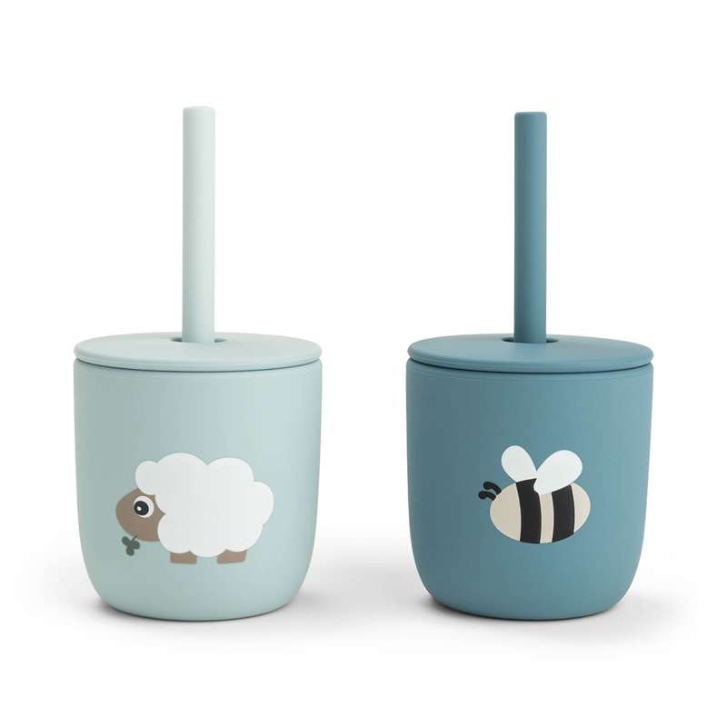 Done by Deer Straw cup - Silicone - 2 pcs. - Tiny Farm - Blue 