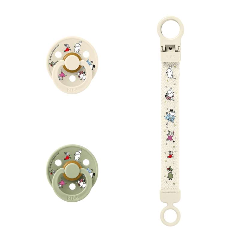 BIBS Kulatý Colour cumlík - 2-balení - vel. 2 - přírodní guma - s šňůrkou na dudlík - Moomins - Slonová kost/Sága 