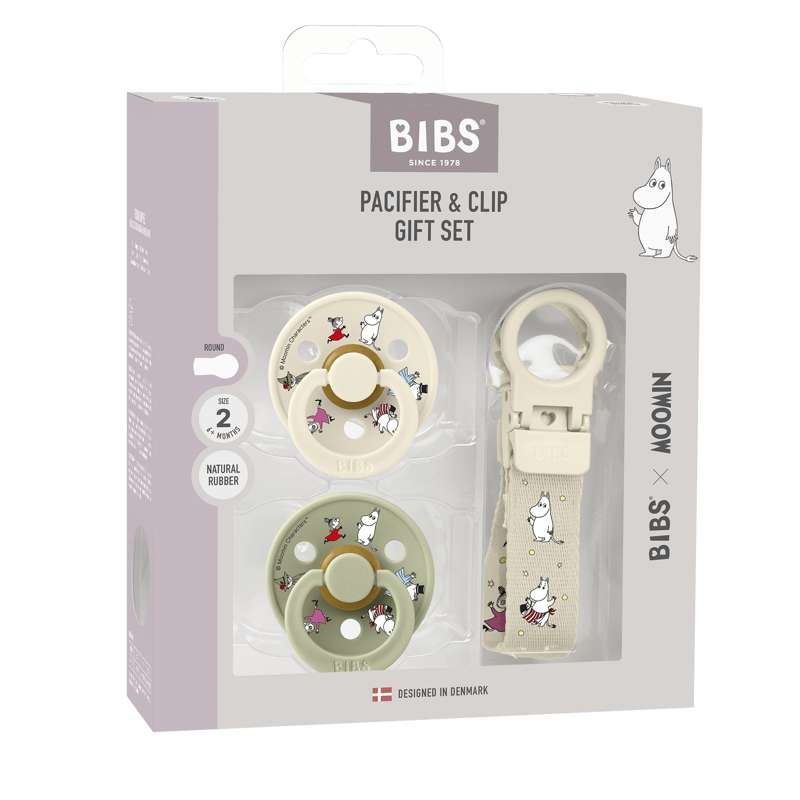 BIBS Kulatý Colour cumlík - 2-balení - vel. 2 - přírodní guma - s šňůrkou na dudlík - Moomins - Slonová kost/Sága 