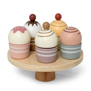 MaMaMeMo Mâncare de jucărie din lemn - Cupcakes pe platou de tort 