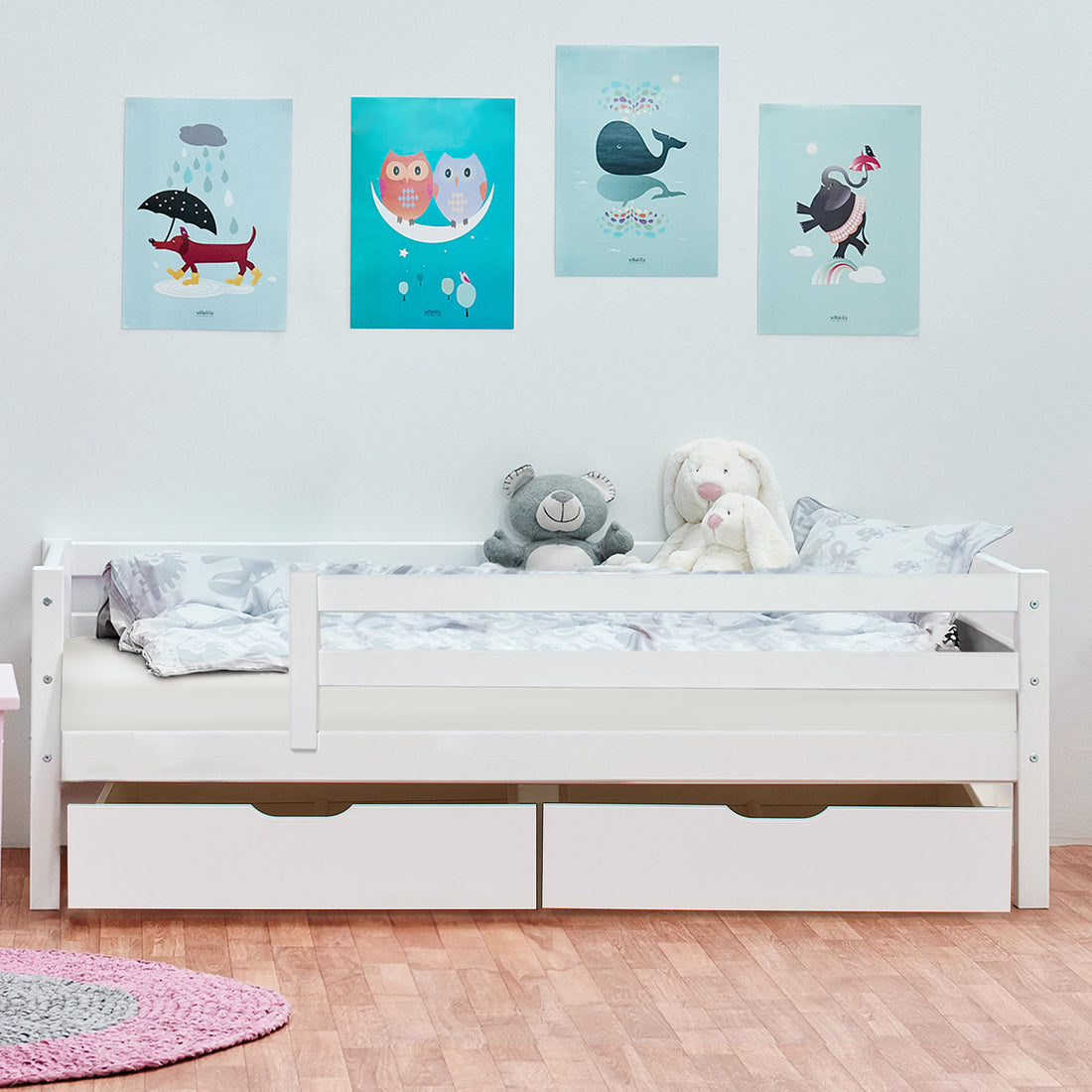 Hoppekids ECO Dream - Otroška postelja z ograjico in predali - 70x160 cm. - Bela 