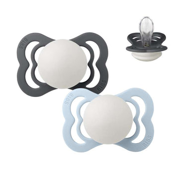 BIBS Simetric Supreme suzetă - Pachet de 2 - măr. 1 - Silicon - GLOW - Iron/Baby Blue 