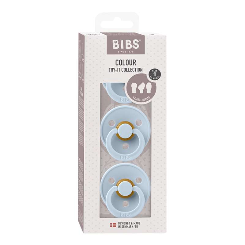 BIBS Try-It Collection - 3 Sucettes différentes - Colour - Taille 1 - Baby Blue