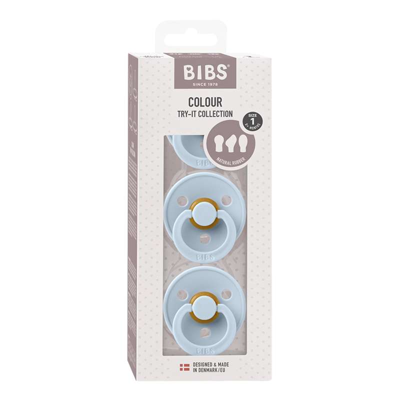 BIBS Try-It Sammlung - 3 Verschiedene Schnuller - Farbe - Gr. 1 - Baby Blau 