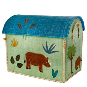 RICE Raffia Storage House - Jungle Animals - Green - Large 