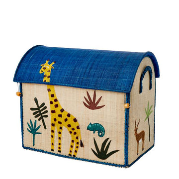 RICE Casa de almacenamiento de rafia - Animales de la jungla - Azul - Mediano 