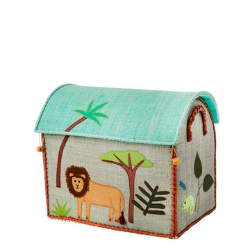 RICE Raffia Storage House - Jungle Animals - Green - Small 