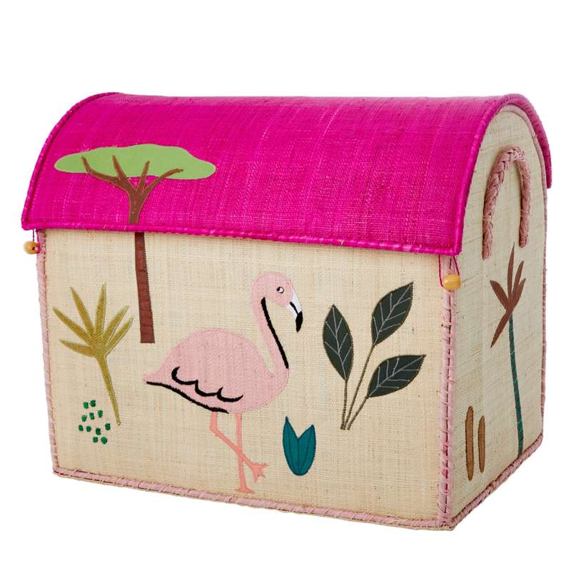RICE Raffia Storage House - Jungle Animals - Pink - Large 