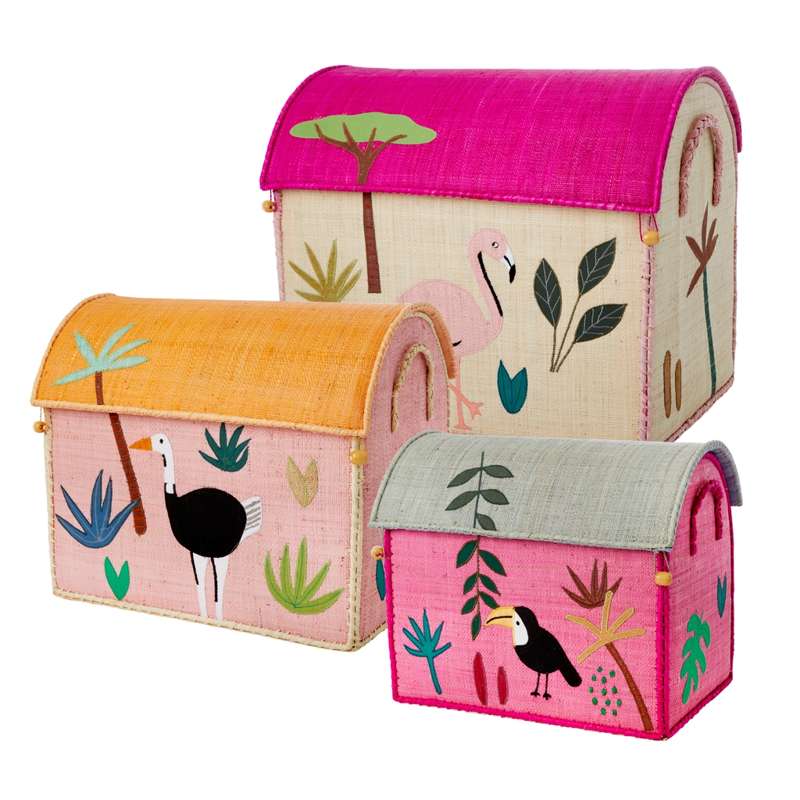 RICE Raffia Storage House - Jungle Animals - Pink - Small 